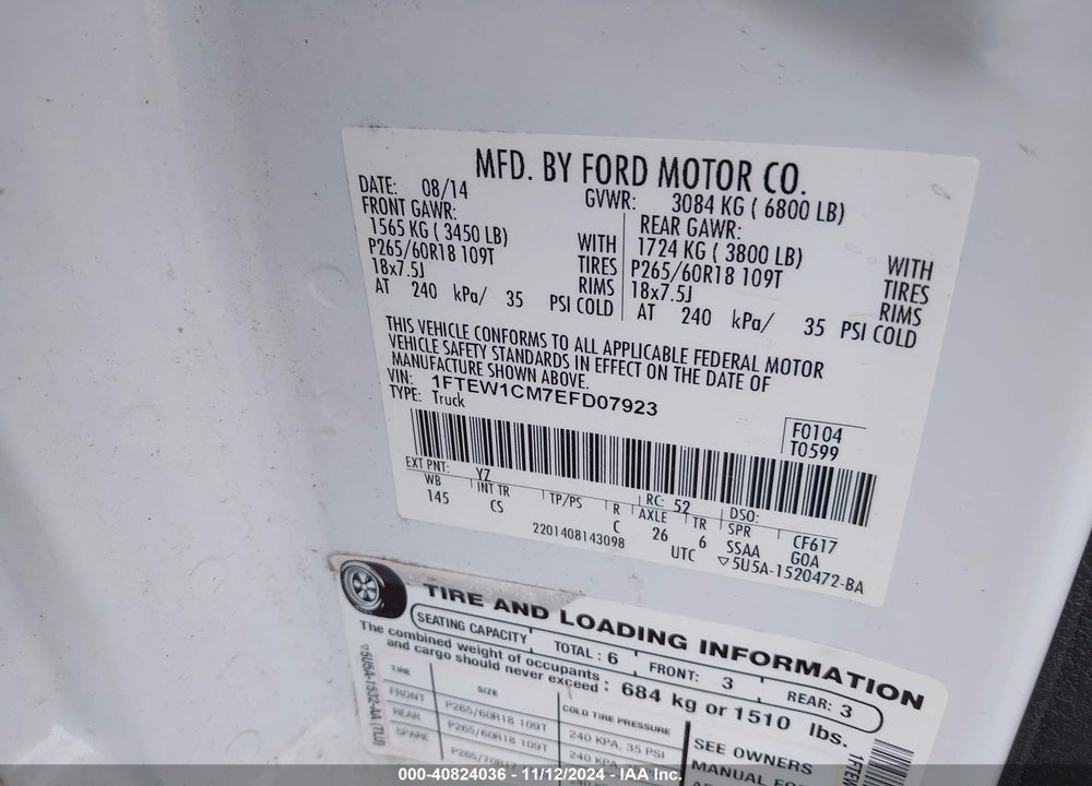 2014 FORD F-150 STX VIN: 1FTEW1CM7EFD07923