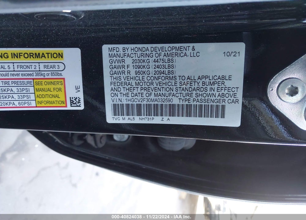 2021 HONDA ACCORD SPORT 2.0T VIN: 1HGCV2F30MA032590