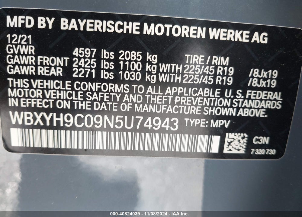 2022 BMW X2 VIN: WBXYH9C09N5U74943