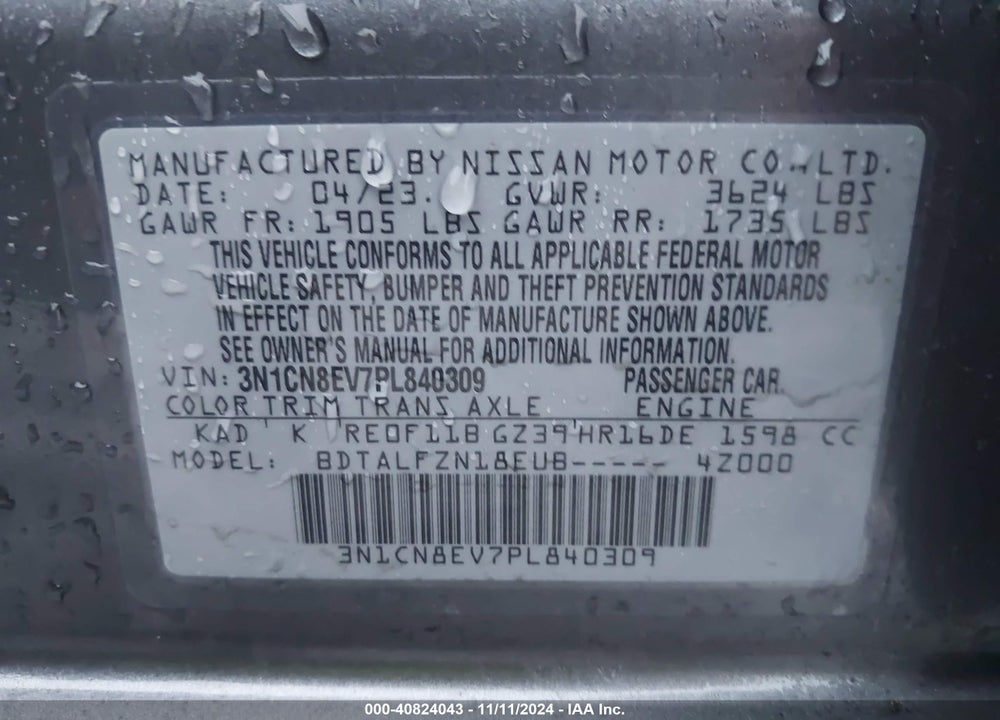 2023 NISSAN VERSA 1.6 SV XTRONIC CVT VIN: 3N1CN8EV7PL840309