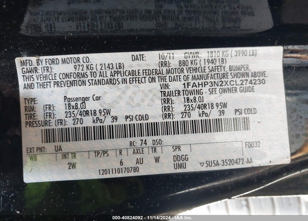 2012 FORD FOCUS TITANIUM VIN: 1FAHP3N2XCL274230