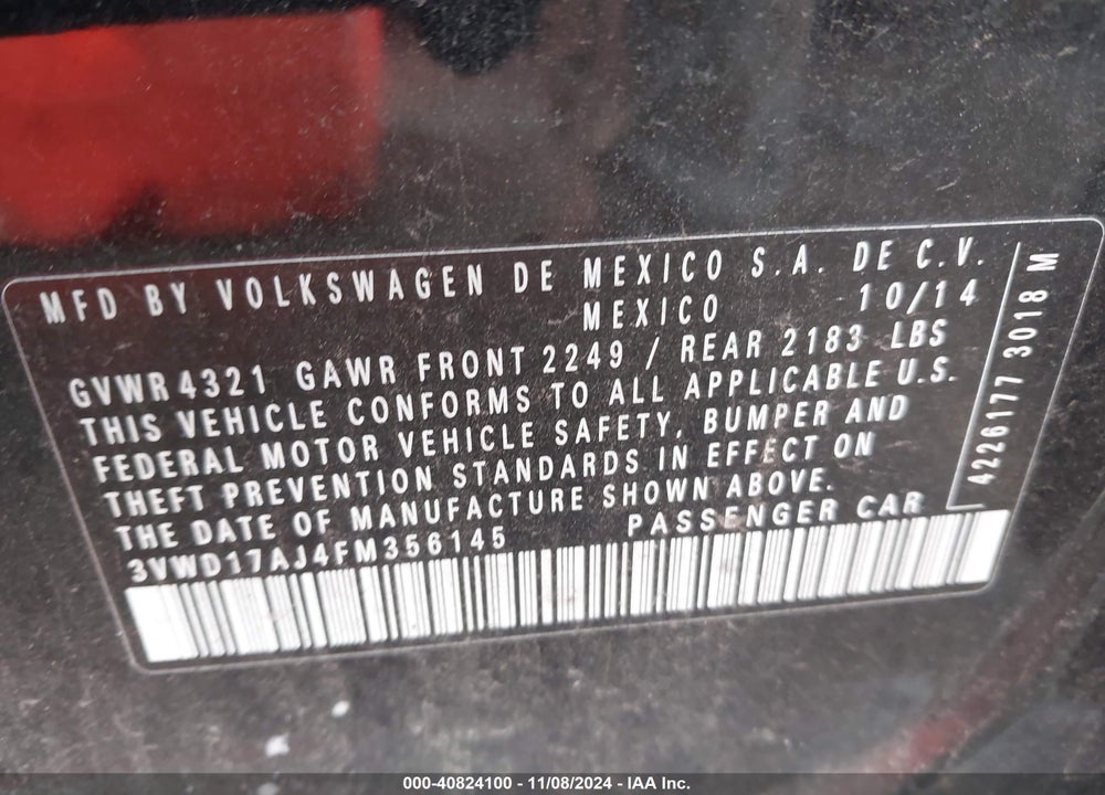 2015 VOLKSWAGEN JETTA 1.8T SE VIN: 3VWD17AJ4FM356145