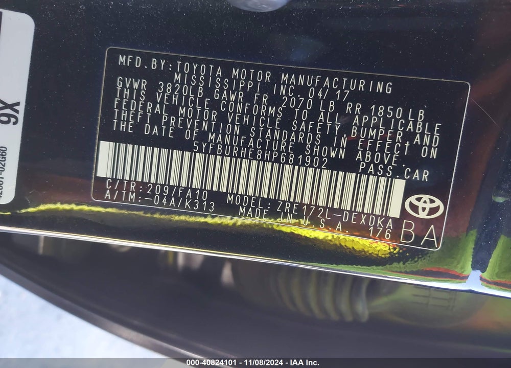 2017 TOYOTA COROLLA L VIN: 5YFBURHE8HP681902