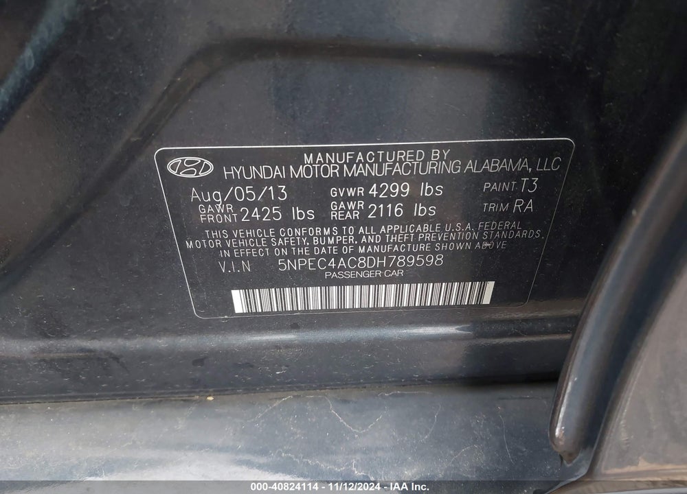 2013 HYUNDAI SONATA SE VIN: 5NPEC4AC8DH789598