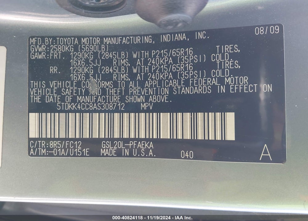 2010 TOYOTA SIENNA LE VIN: 5TDKK4CC8AS308712