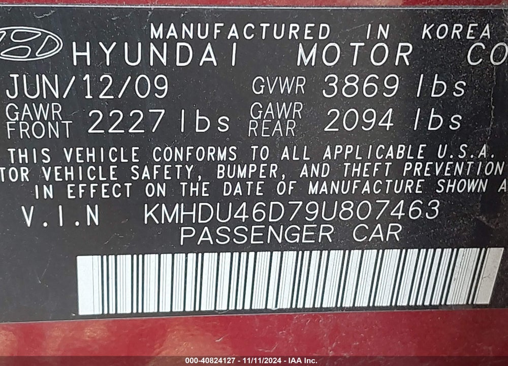 2009 HYUNDAI ELANTRA VIN: KMHDU46D79U807463