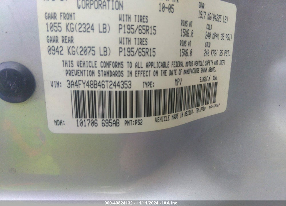 2006 CHRYSLER PT CRUISER VIN: 3A4FY48B46T244353