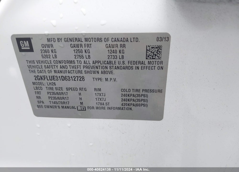2013 GMC TERRAIN SLT-1 VIN: 2GKFLUE31D6312728