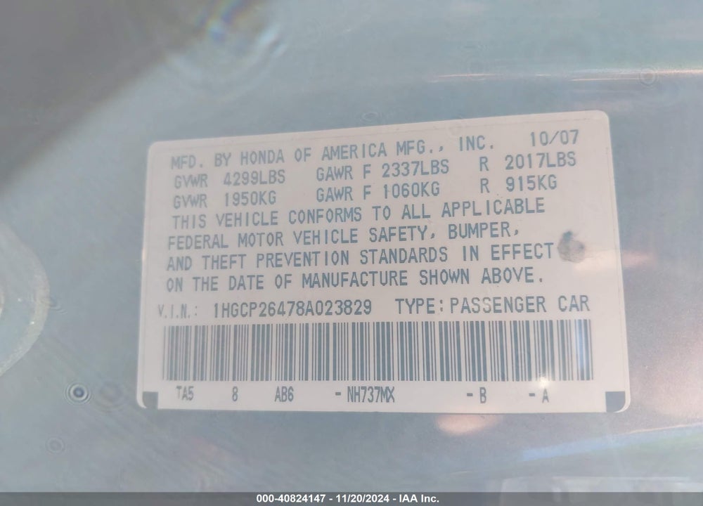 2008 HONDA ACCORD 2.4 LX-P VIN: 1HGCP26478A023829