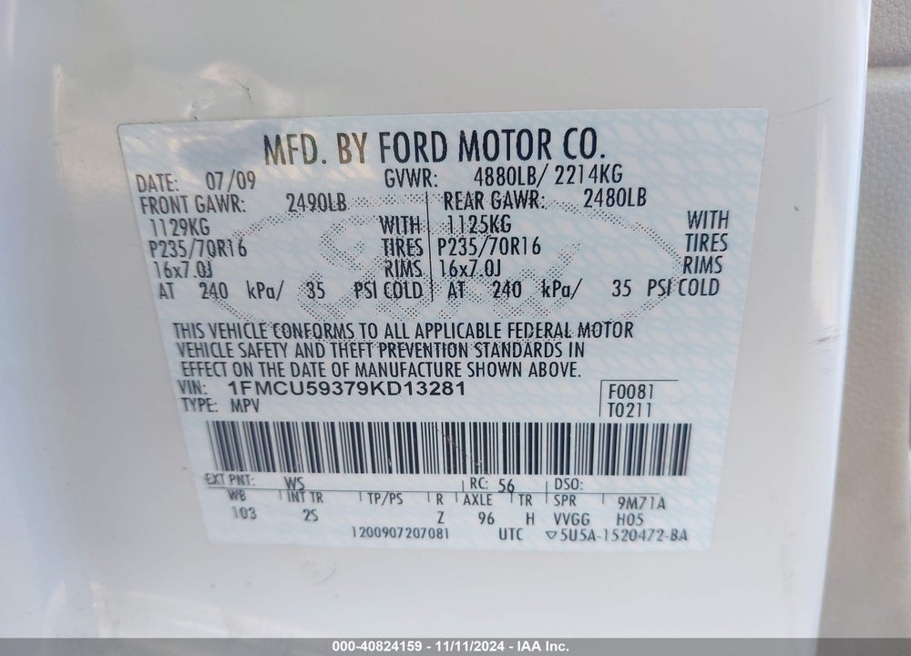 2009 FORD ESCAPE HYBRID LIMITED VIN: 1FMCU59379KD13281