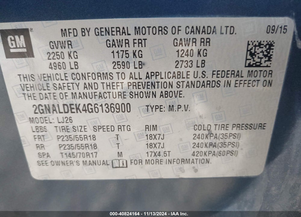 2016 CHEVROLET EQUINOX LTZ VIN: 2GNALDEK4G6136900
