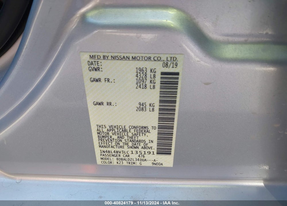 2020 NISSAN ALTIMA S FWD VIN: 1N4BL4BV3LC135191