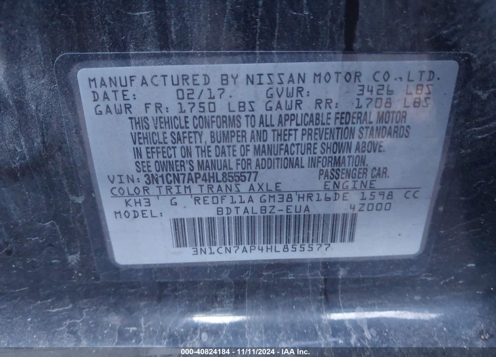 2017 NISSAN VERSA 1.6 SV VIN: 3N1CN7AP4HL855577