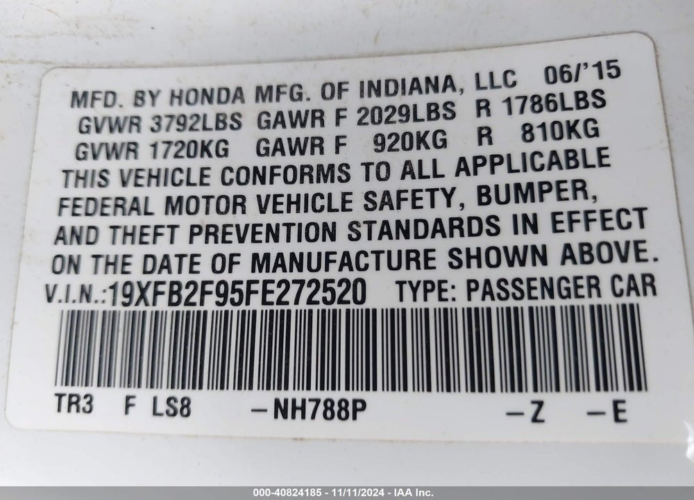 2015 HONDA CIVIC EX-L VIN: 19XFB2F95FE272520