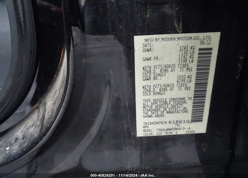 2012 NISSAN ARMADA PLATINUM VIN: 5N1BA0NF6CN618610