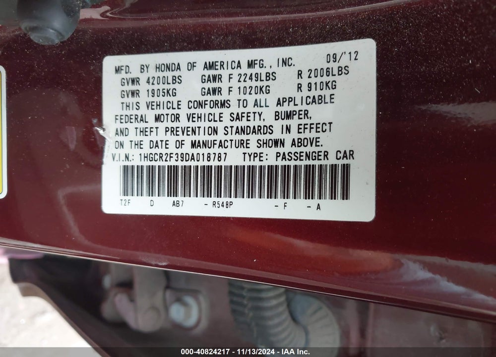 2013 HONDA ACCORD LX VIN: 1HGCR2F39DA018787