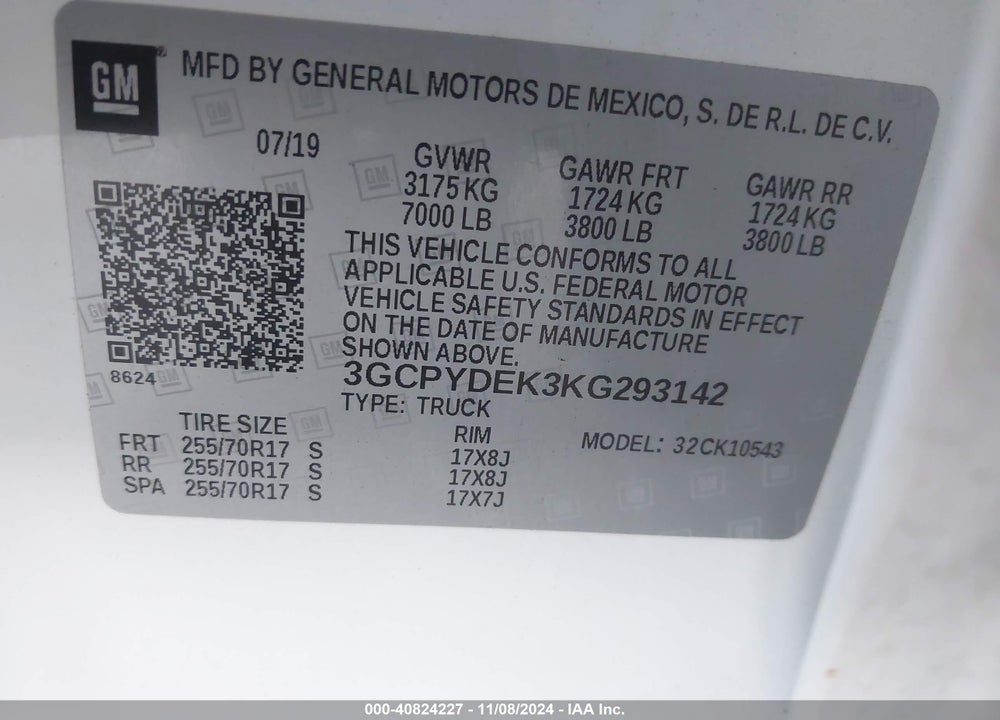 2019 CHEVROLET SILVERADO 1500 LT VIN: 3GCPYDEK3KG293142