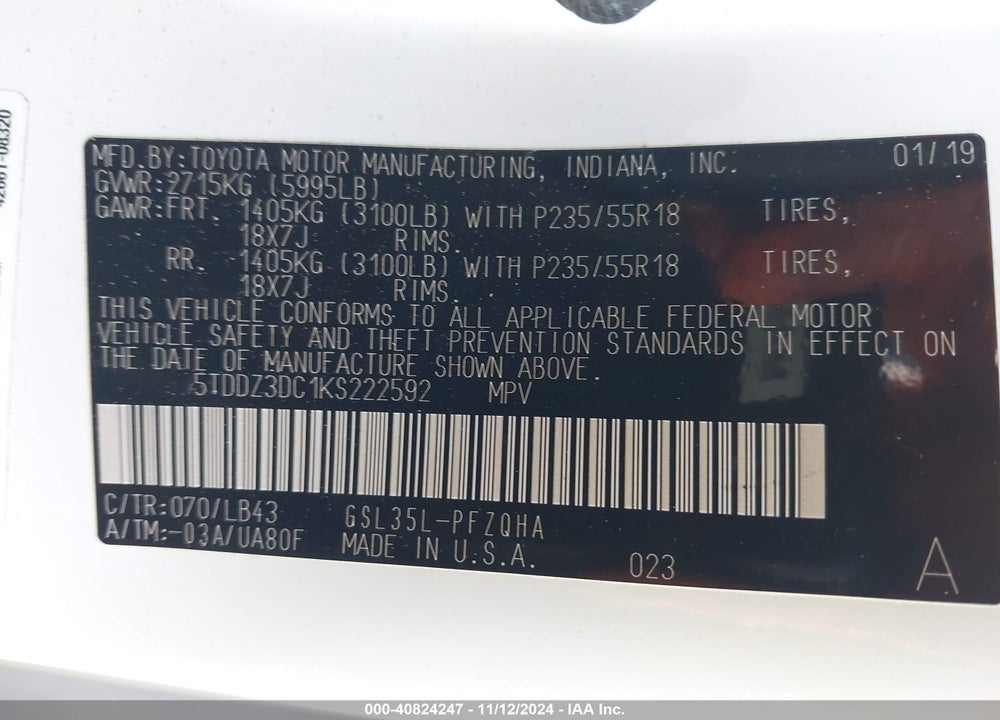 2019 TOYOTA SIENNA LIMITED 7 PASSENGER VIN: 5TDDZ3DC1KS222592