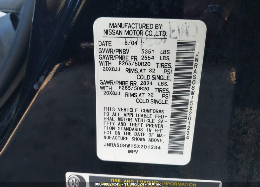 2005 INFINITI FX35 VIN: JNRAS08W15X201234