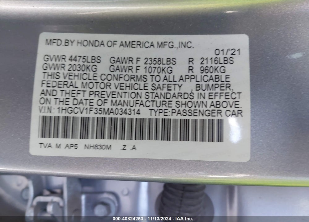 2021 HONDA ACCORD SPORT VIN: 1HGCV1F35MA034314