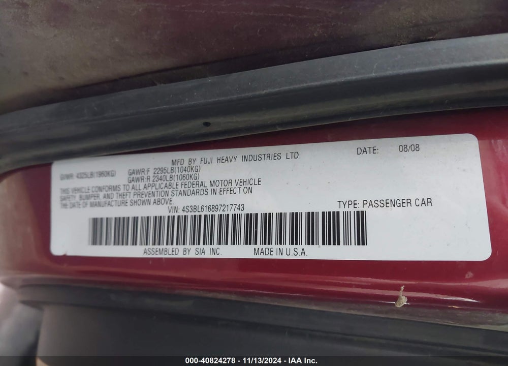 2009 SUBARU LEGACY 2.5I VIN: 4S3BL616897217743
