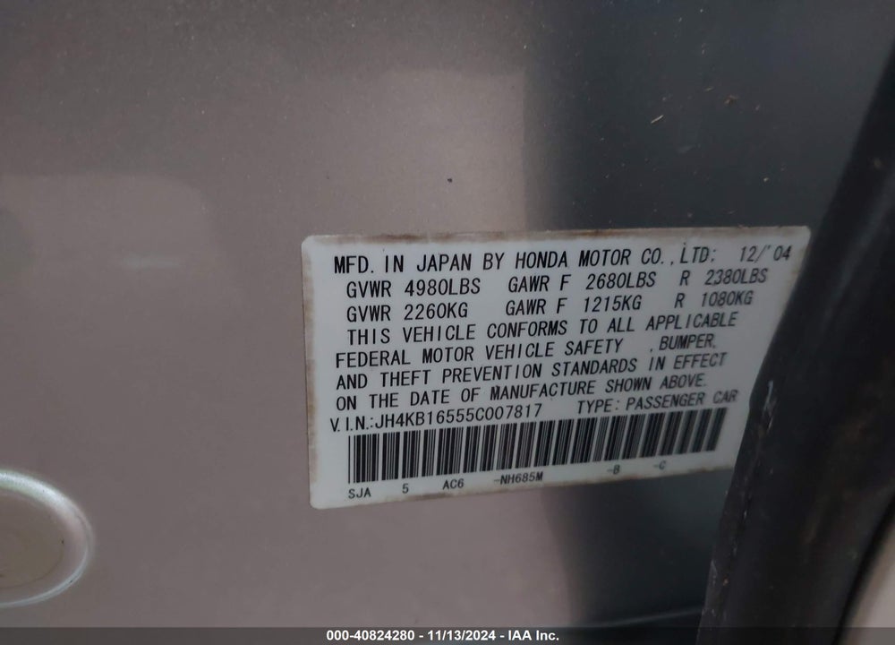 2005 ACURA RL 3.5 (48-STATE ONLY) (A5) VIN: JH4KB16555C007817