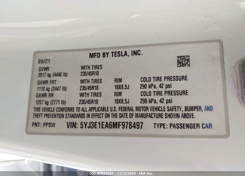 2021 TESLA MODEL 3 STANDARD RANGE PLUS REAR-WHEEL DRIVE VIN: 5YJ3E1EA6MF978497