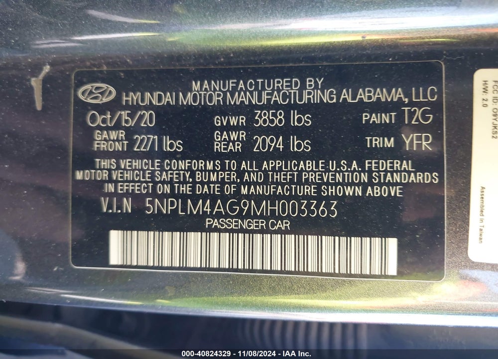 2021 HYUNDAI ELANTRA SEL VIN: 5NPLM4AG9MH003363