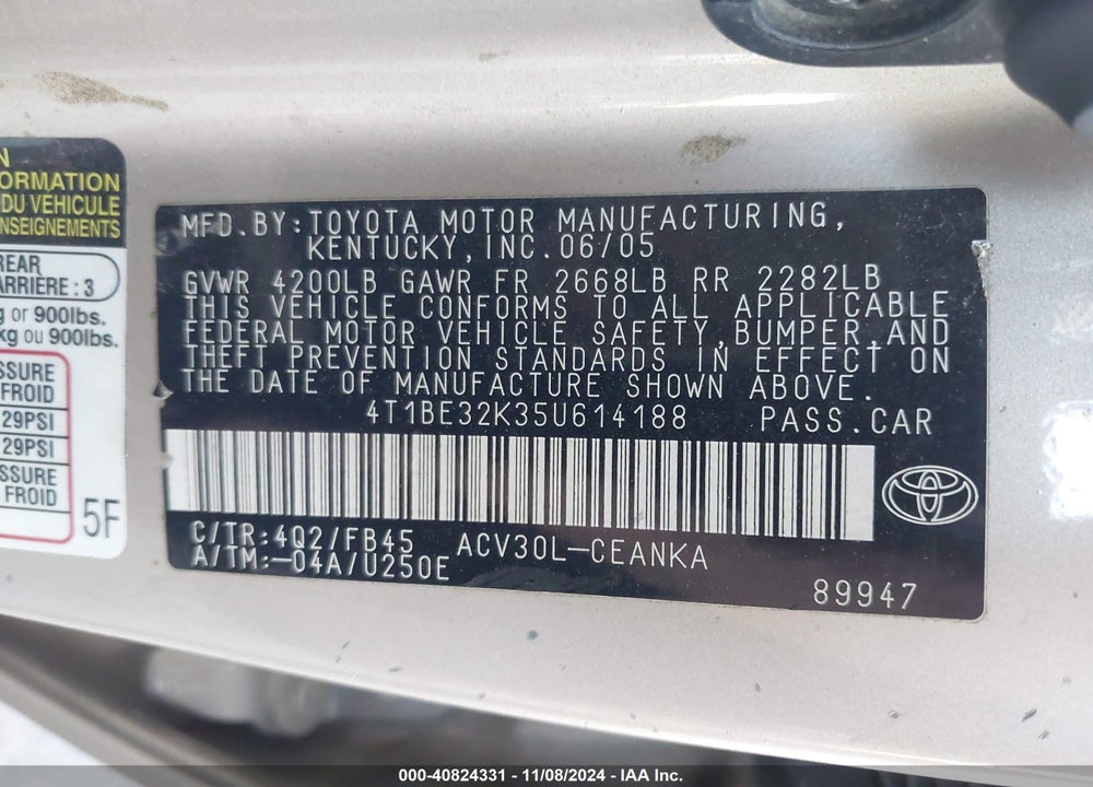 2005 TOYOTA CAMRY LE VIN: 4T1BE32K35U614188