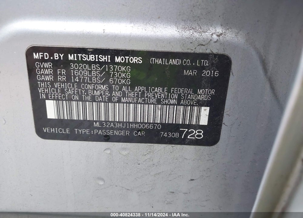2017 MITSUBISHI MIRAGE ES VIN: ML32A3HJ1HH006670