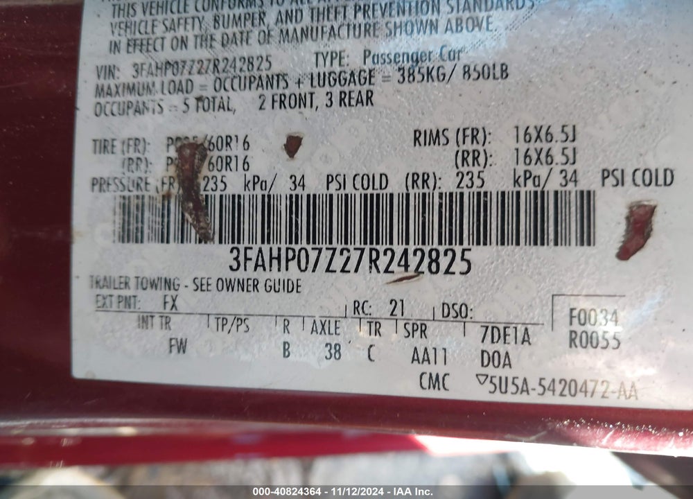 2007 FORD FUSION SE VIN: 3FAHP07Z27R242825