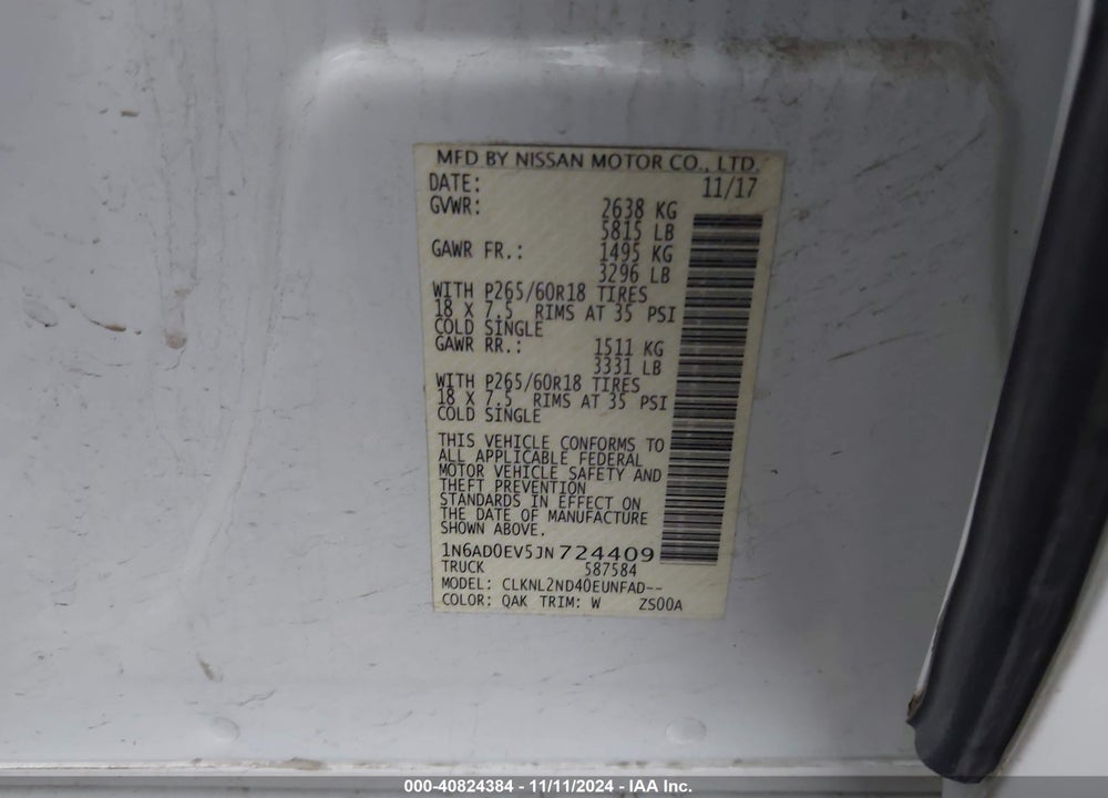 2018 NISSAN FRONTIER SV VIN: 1N6AD0EV5JN724409