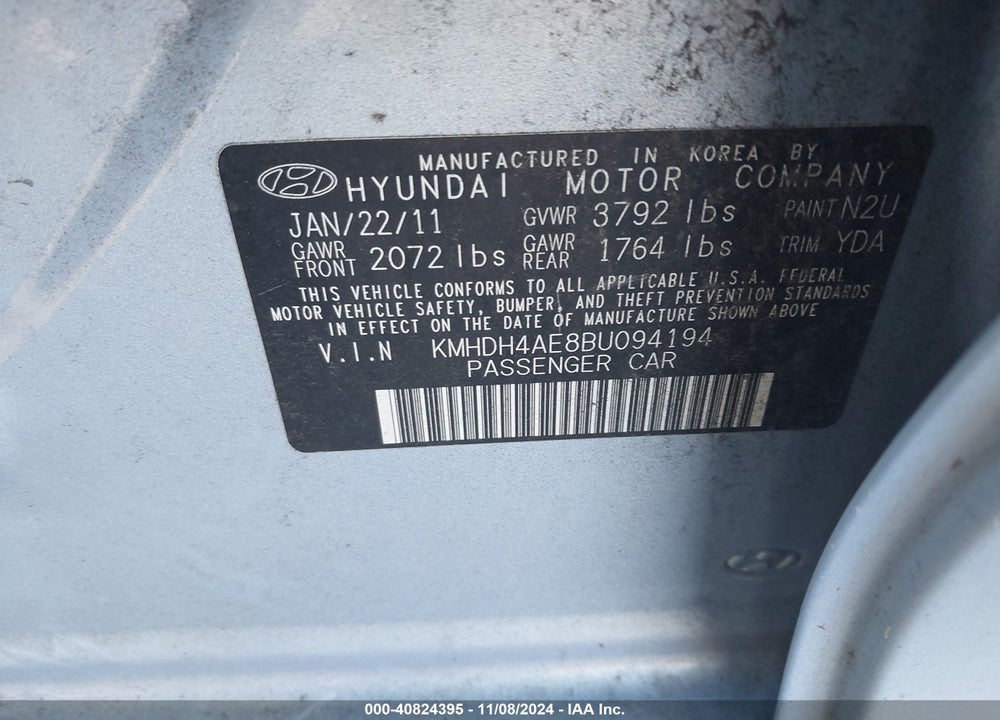 2011 HYUNDAI ELANTRA LIMITED (ULSAN PLANT) VIN: KMHDH4AE8BU094194