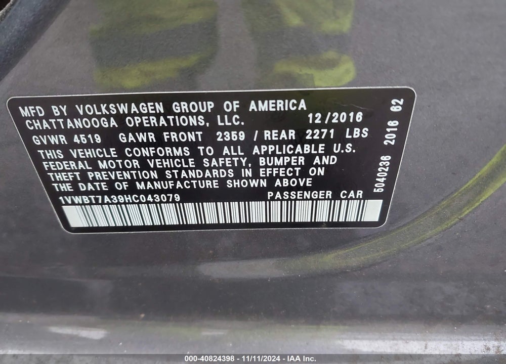 2017 VOLKSWAGEN PASSAT 1.8T SE VIN: 1VWBT7A39HC043079