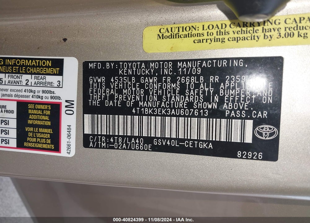 2010 TOYOTA CAMRY XLE V6 VIN: 4T1BK3EK3AU607613