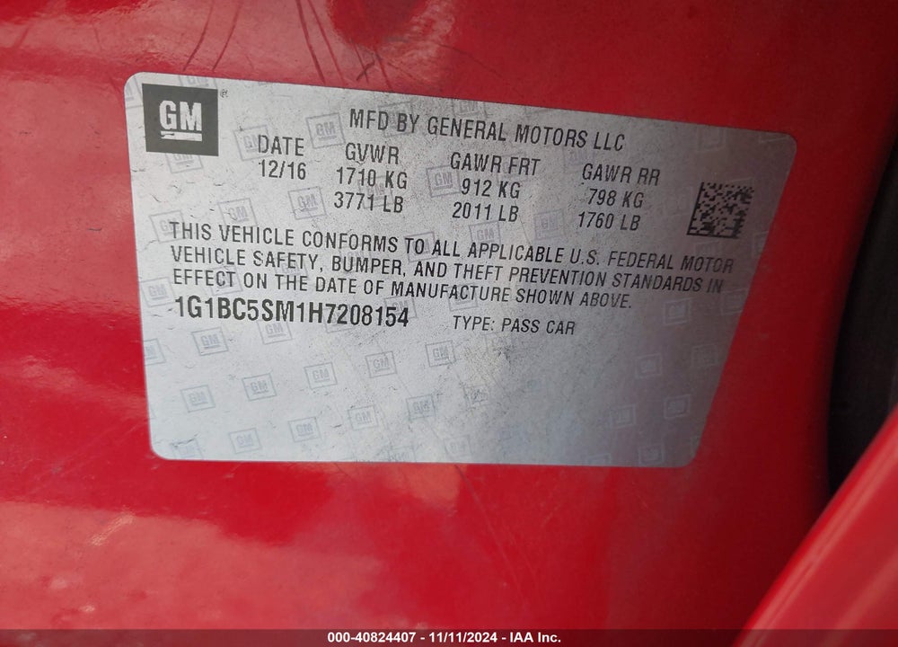 2017 CHEVROLET CRUZE LS AUTO VIN: 1G1BC5SM1H7208154