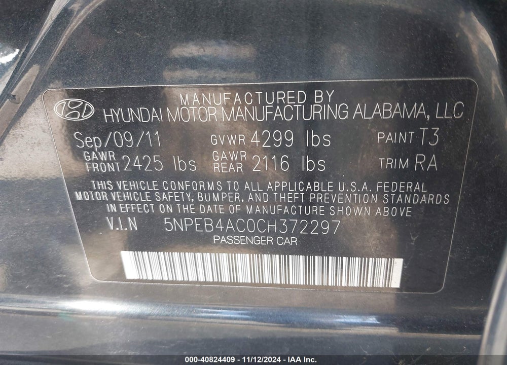 2012 HYUNDAI SONATA GLS VIN: 5NPEB4AC0CH372297