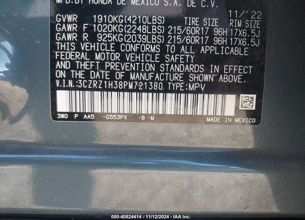 2023 HONDA HR-V 2WD LX VIN: 3CZRZ1H38PM721380
