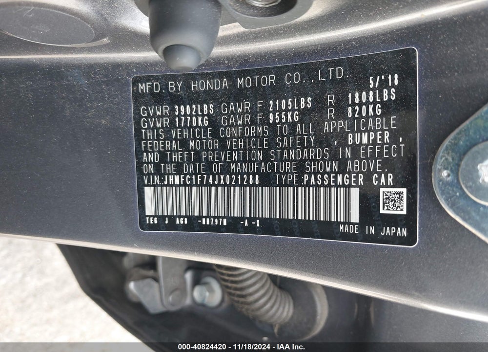 2018 HONDA CIVIC EX-L VIN: JHMFC1F74JX021288