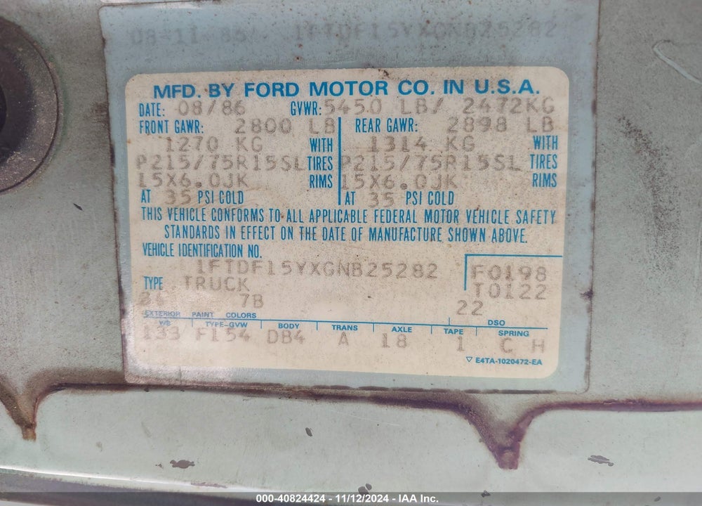 1986 FORD F150 VIN: 1FTDF15YXGNB25282
