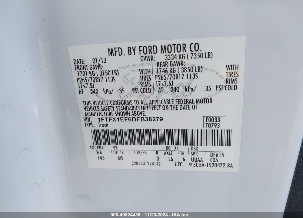 2013 FORD F-150 XLT VIN: 1FTFX1EF6DFB38279