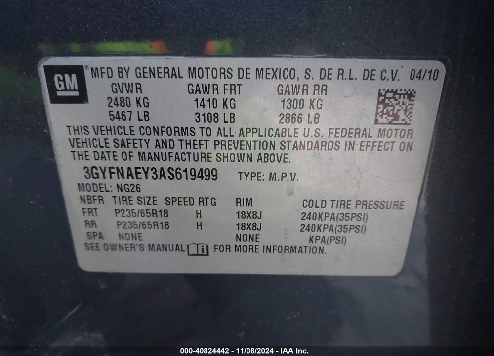 2010 CADILLAC SRX LUXURY COLLECTION VIN: 3GYFNAEY3AS619499