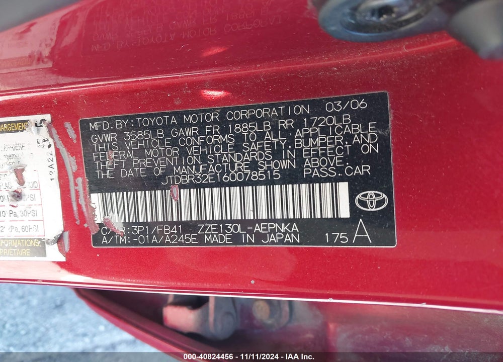 2006 TOYOTA COROLLA LE VIN: JTDBR32E160078515