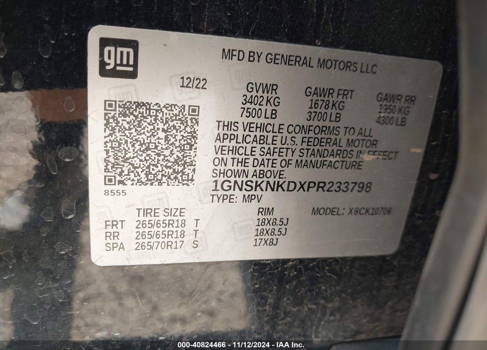 2023 CHEVROLET TAHOE 4WD LT VIN: 1GNSKNKDXPR233798