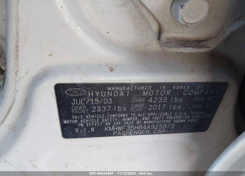 2004 HYUNDAI SONATA GLS/LX VIN: KMHWF35H84A925873