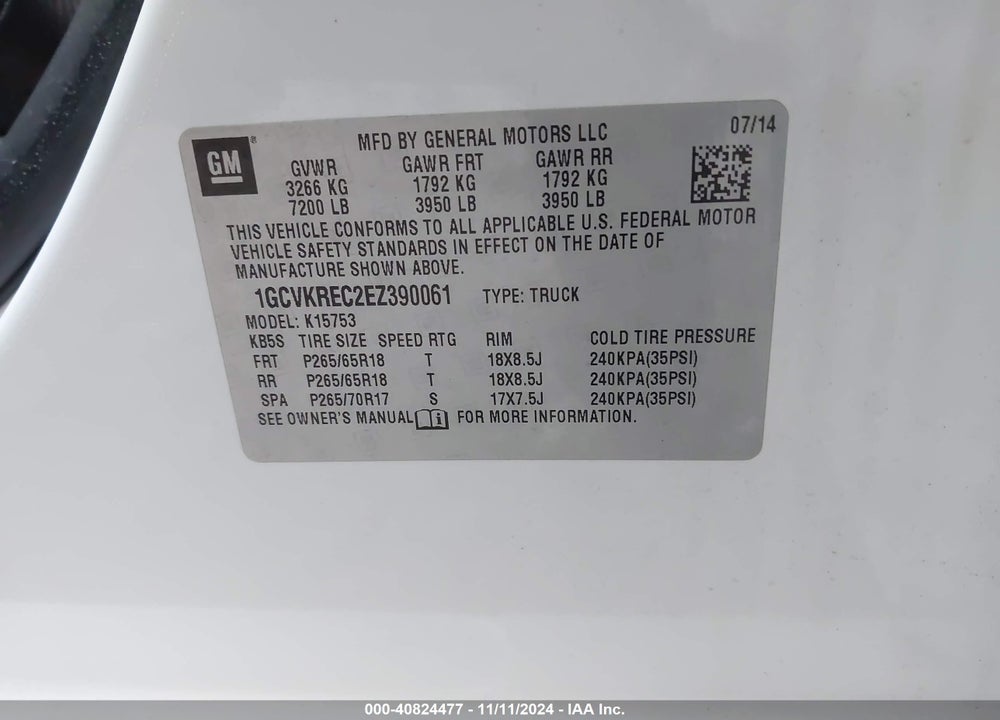 2014 CHEVROLET SILVERADO VIN: 1GCVKREC2EZ390061