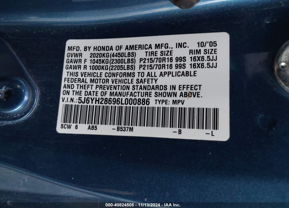 2006 HONDA ELEMENT EX VIN: 5J6YH28696L000886