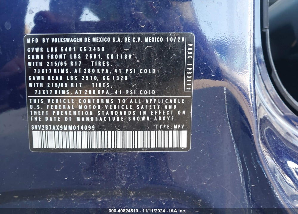 2021 VOLKSWAGEN TIGUAN 2.0T SE/2.0T SE R-LINE BLACK/2.0T SEL VIN: 3VV2B7AX9MM014099