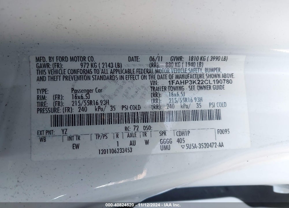2012 FORD FOCUS SE VIN: 1FAHP3K22CL190780