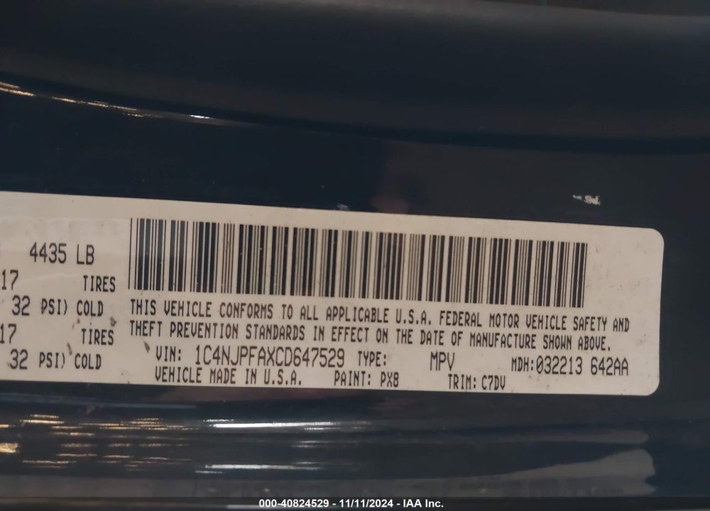 2012 JEEP PATRIOT LATITUDE VIN: 1C4NJPFAXCD647529
